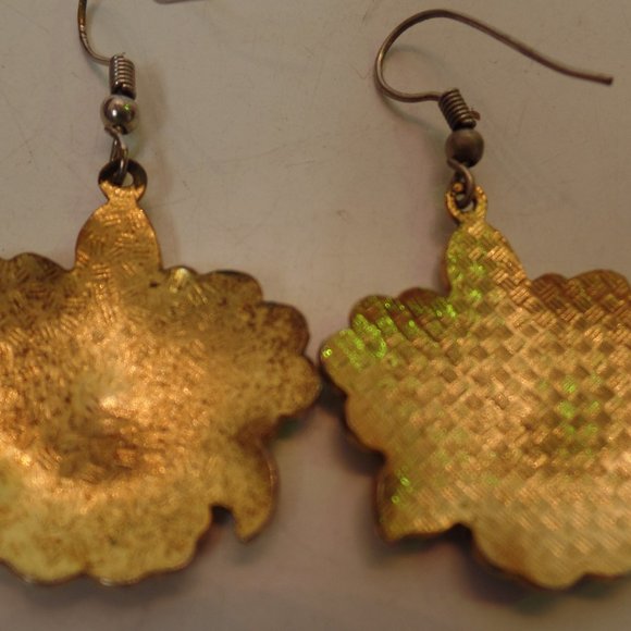 Vintage Cloisonné Floral Pattern Ear Rings Goldtone Backs & Hook Closure - Picture 5 of 5